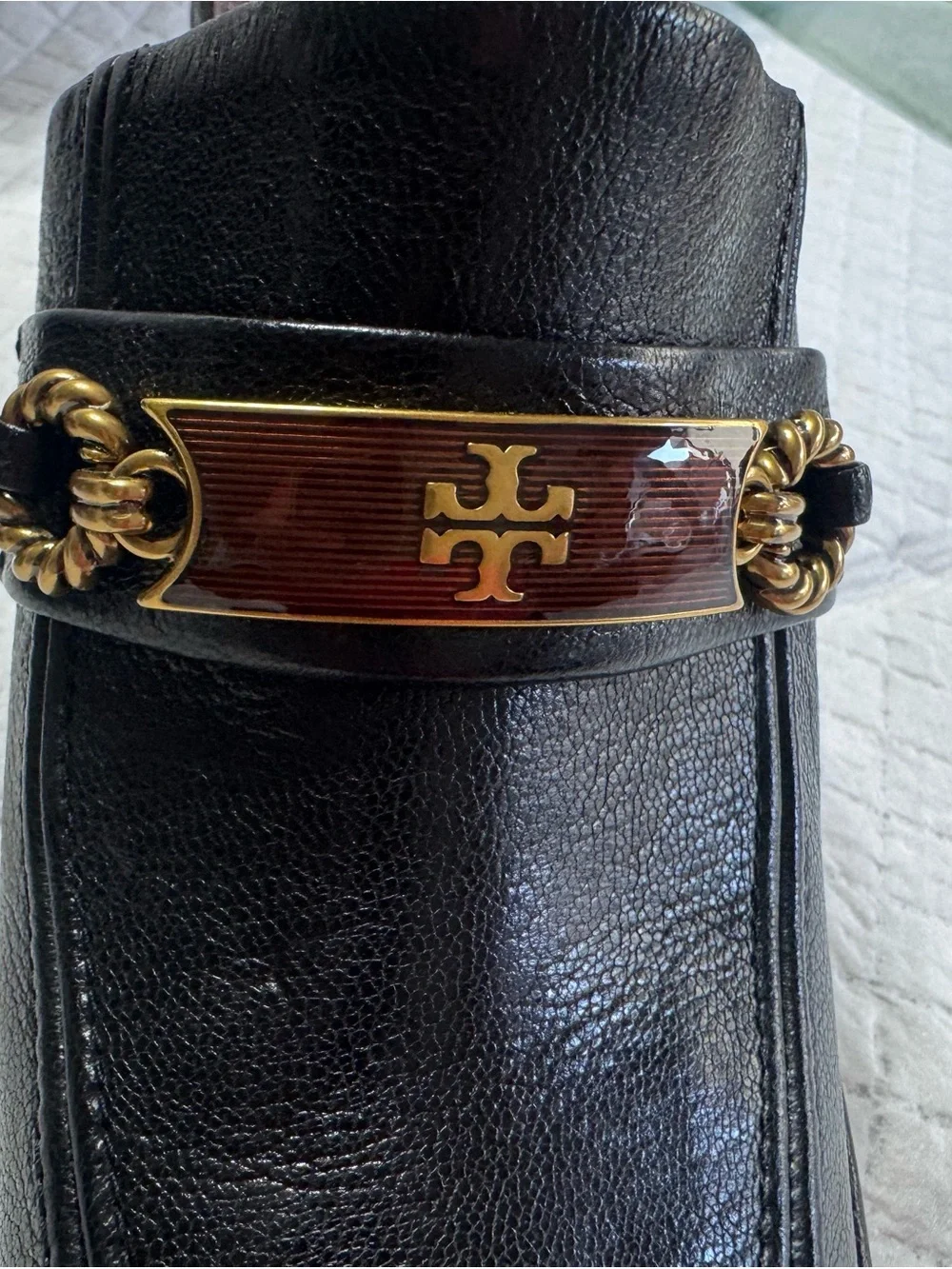 Tory Burch Perrine Black Leather Logo-Trim Block Heel Mules